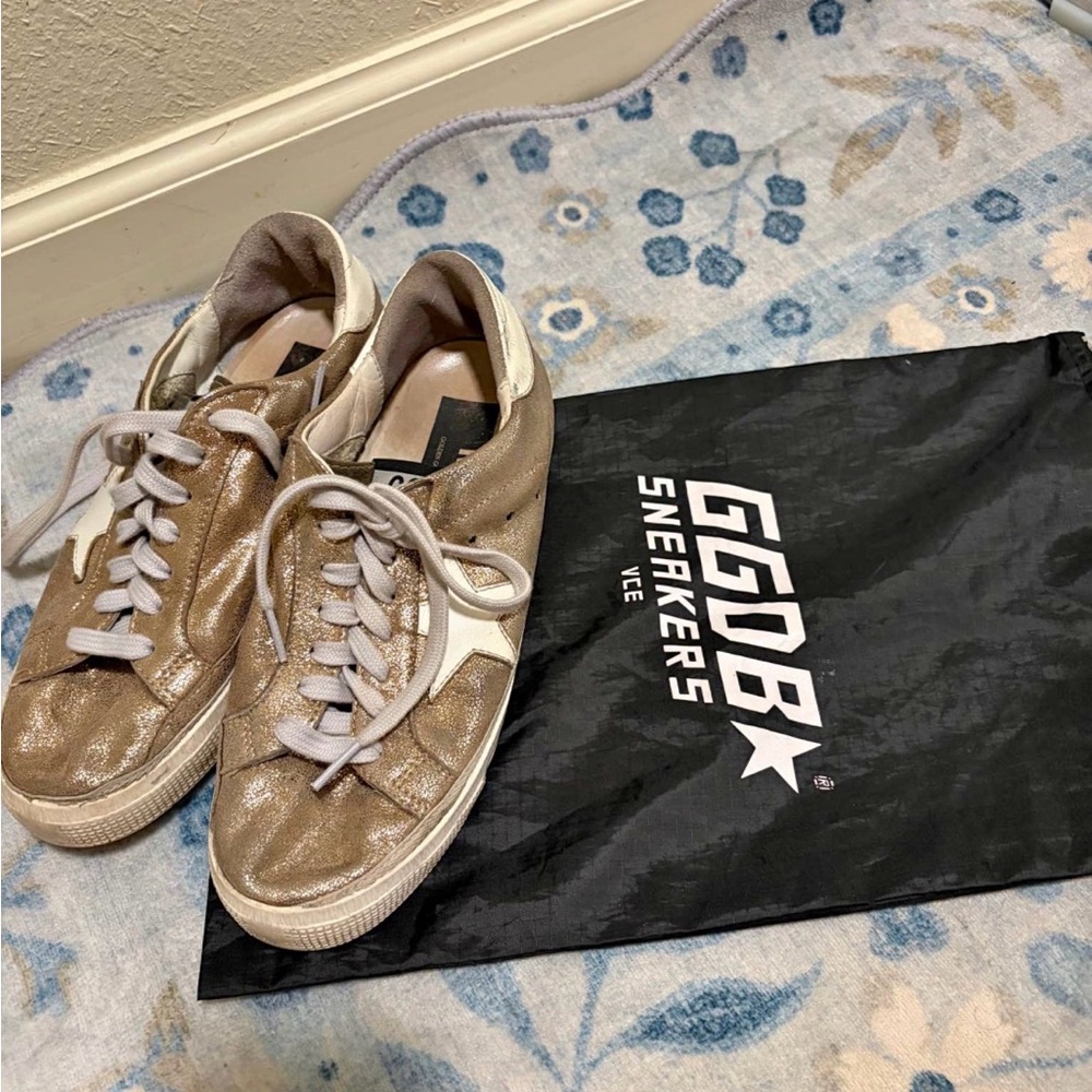 Golden Goose Shimmering Gold Sneakers with White Star